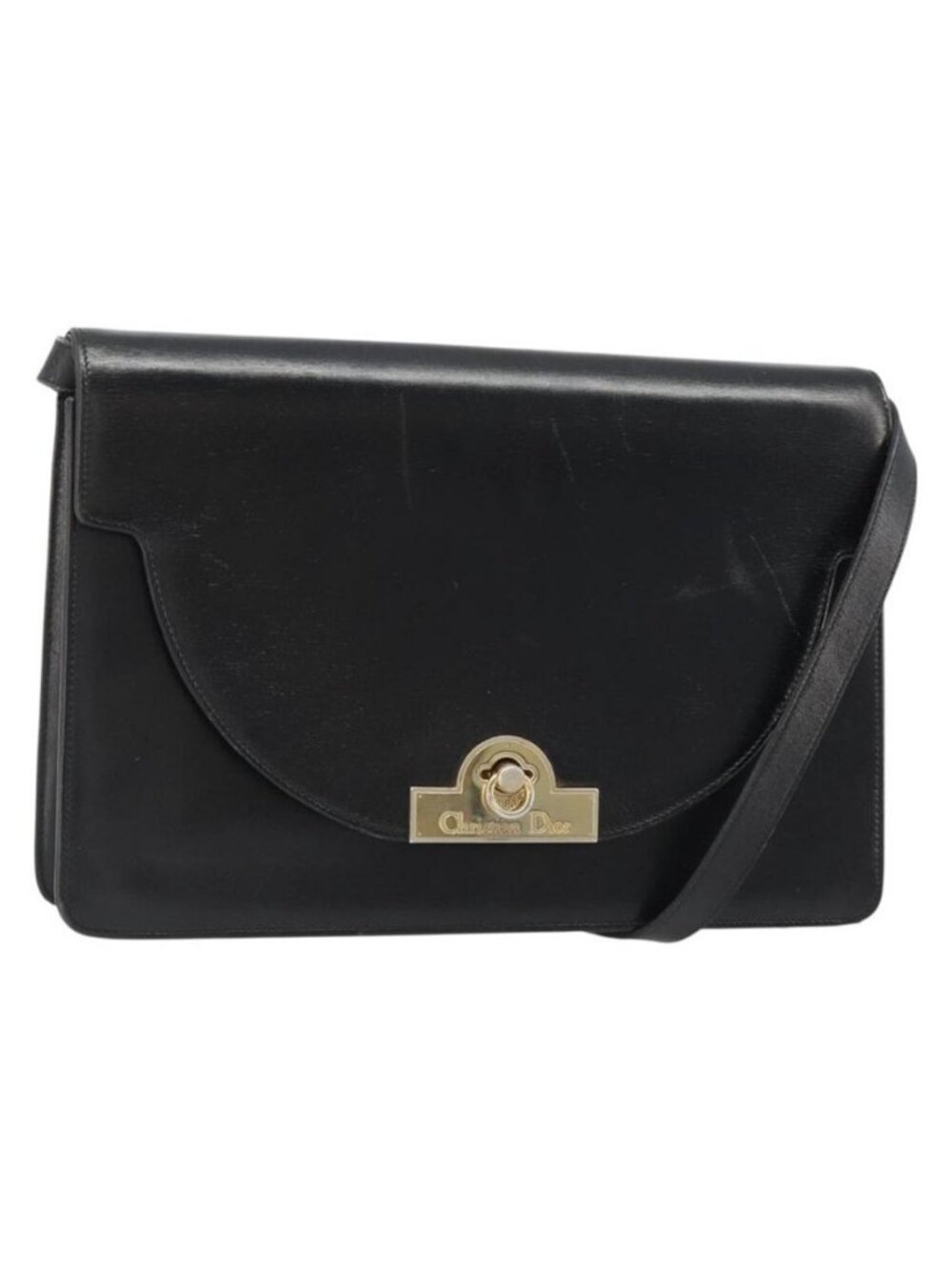 Authentic Christian Dior Shoulder Bag Leather Black Gold